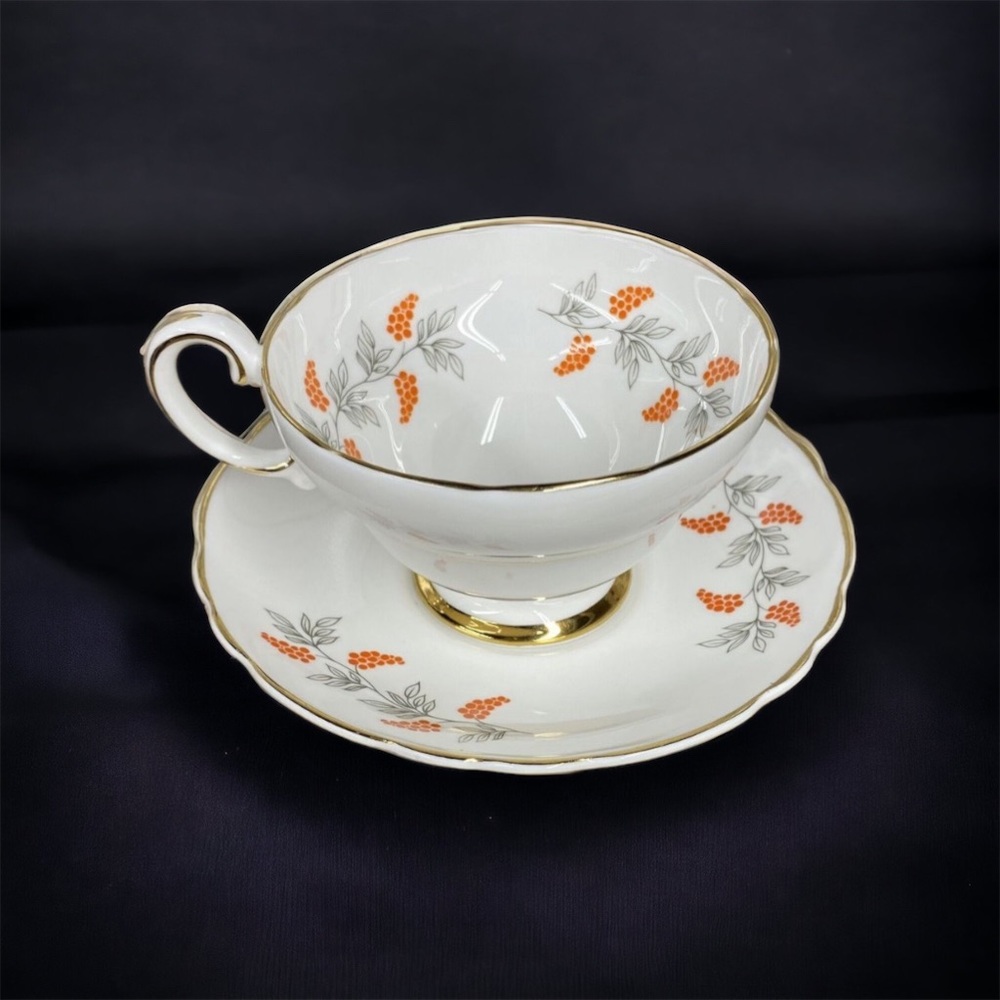 Vintage Crown Staffordshire Teacup & Saucer Orange Berries Gold - Error Stamp